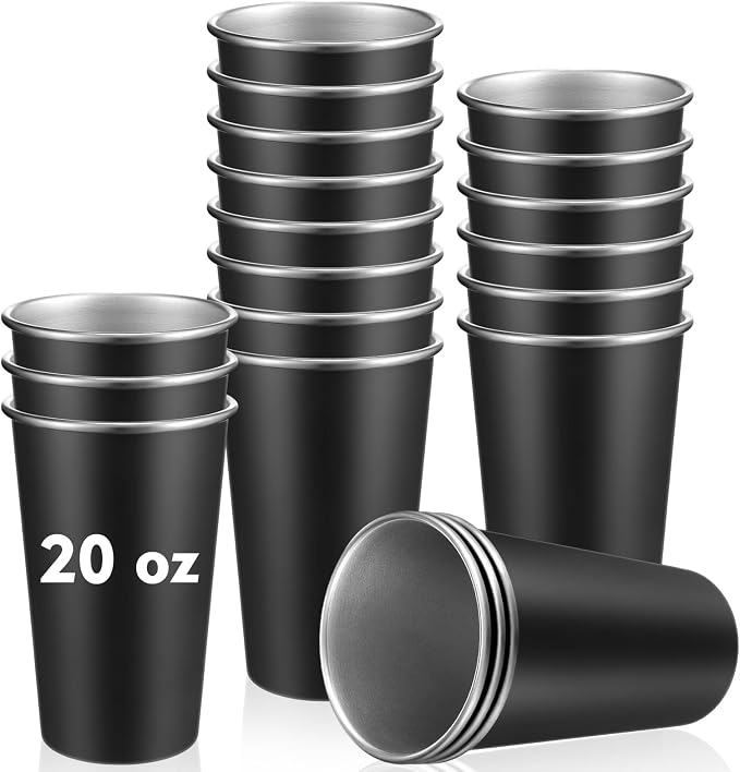 Mimorou 20 Pack 20 oz Stainless Steel Pint Cups Metal Cups Unbreakable Drinking Water Tumblers Stackable Tumbler for Adults Bar Home Restaurant Travel Picnic Camping Outdoor (Black)