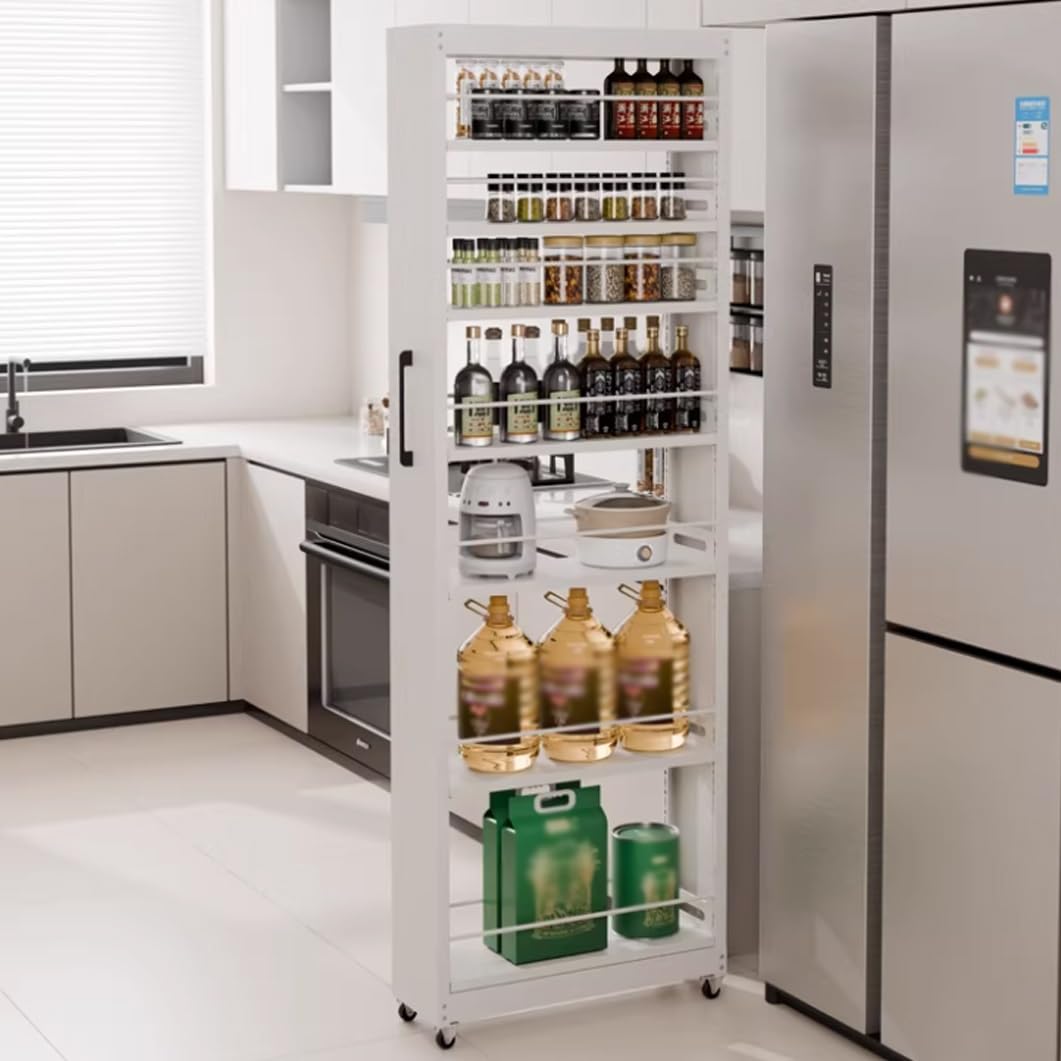 Slim Rolling Spice Rack Cart - 5/7 Tier Metal Kitchen Storage with Wheels, Narrow Shelf Utility Cart for Dining Room & Bakery, 9.8"x21.6"x72.6" - Organize Spices & Essentials