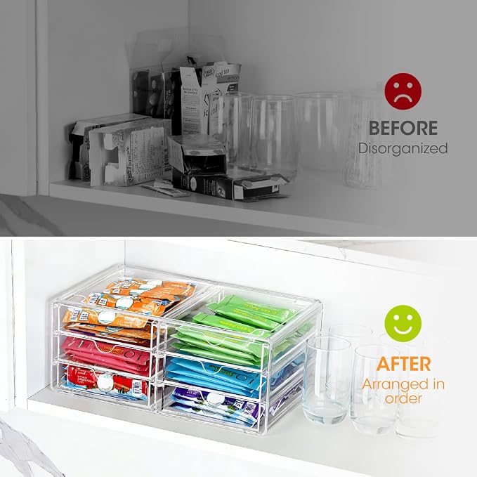AIEVE Drink Packet Organizer, Stackable Storage Drawers for Tea Bag Organizer, Water Packet Holder with 6 Drawers Acrylic Bins for Kitchen Cabinets Pantry Office Organization
