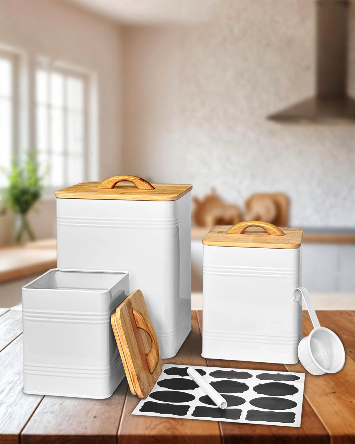 vensovo Kitchen Canister Set of 3 - Large 7 Qt Flour and Sugar Containers Airtight - White Metal Food Storage Jars with Bamboo Lids, Iron Spoon & Erasable Magnetic Labels, Farmhouse Decor for Pantry