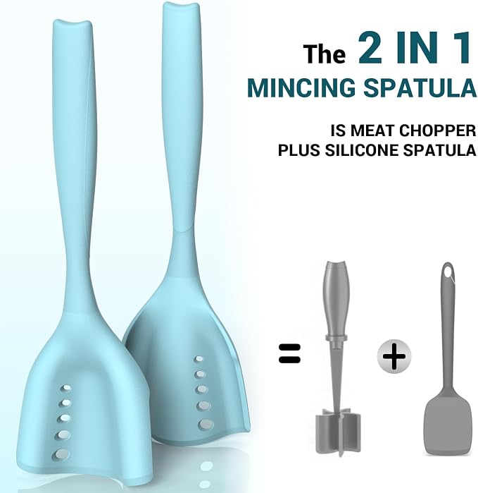 2 Pack Mincing Spatula Meat Chopper, Hamburger Grinder, Premium Heat Resistant Smasher for Ground Beef, Potato Mix Tool, Meat & Poultry Tenderizers-Aqua