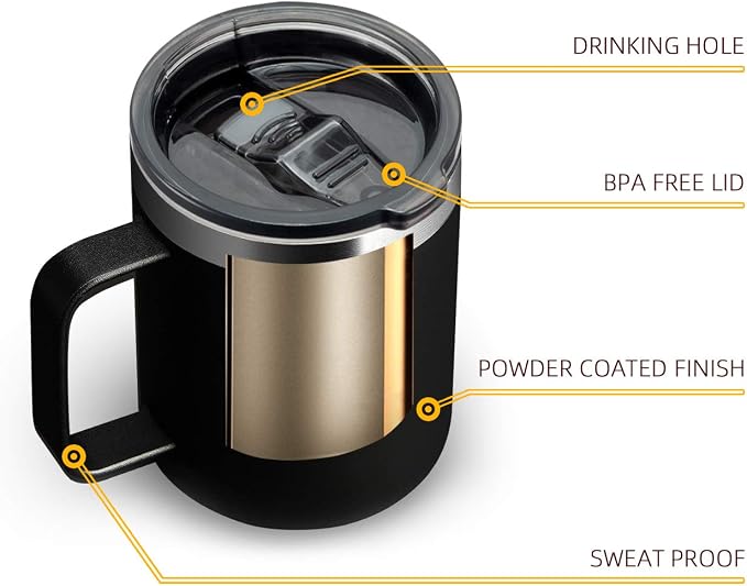 12oz Stainless Steel Insulated Coffee Mug with Handle, Double Wall Vacuum Travel Mug, Tumbler Cup with Sliding Lid, Black