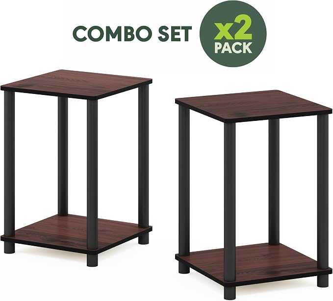 Furinno Turn-N-Tube Toolless Assembly Side Table Set of 2, Stackable 2-Tier Brown End Table with Open Shelf, Night Stand, Bedside Table, for Living Room, Bedroom, Cherry Oak