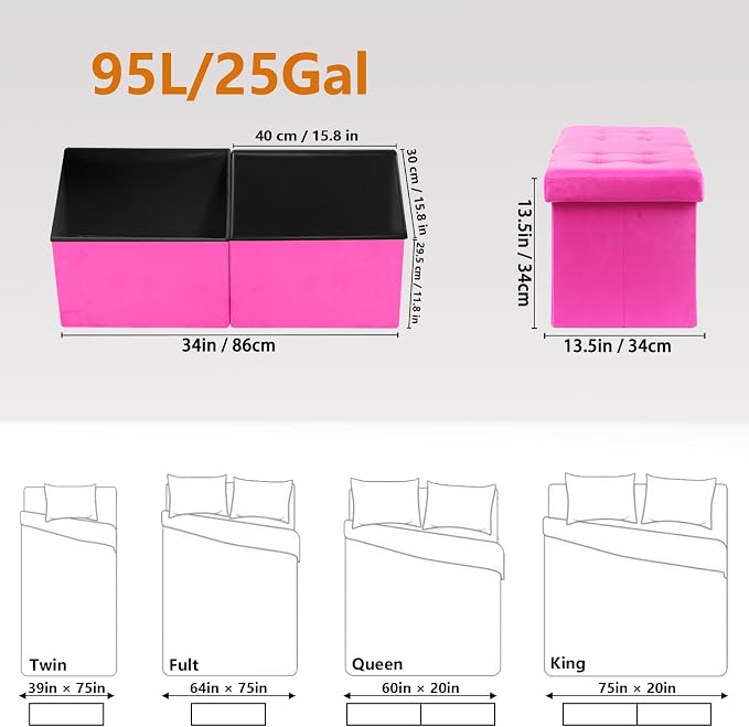 AmasSmile® Storage Ottoman Foot Rest Stool, 34 inch Velvet Footstool Bench, Short Ottoman Stool, Small Folding Storage Ottoman Store Books, Records, Rose