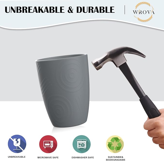 Wrova Wheat Straw Cups 8 PCS Good Alternative to Plastic Reusable Cups 12 oz Unbreakable Drinking Cup Reusable Dishwasher Safe Water Plastic Glasses Grey