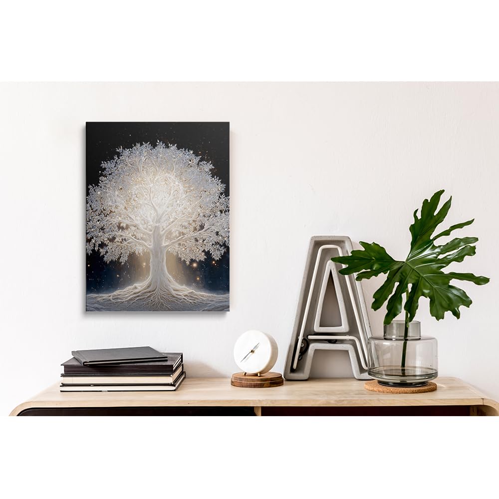 Glowing Tree of Life Under Starry Night Sky Abstract Canvas Wall Art Framed Mystical Fantasy Nature Painting Prints Posters Artwork for Modern Living Room Bedroom Wall Decor Unique Gift 12x16 Inches