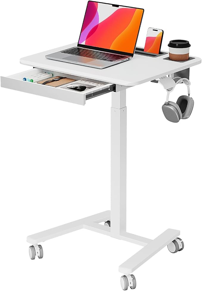 Small Mobile Standing Desk with Drawer, 23.6"x19.7" Rolling Laptop Cart on Wheels, Height Adjustable Sit Stand Computer Workstation with Storage for Compact Space, White
