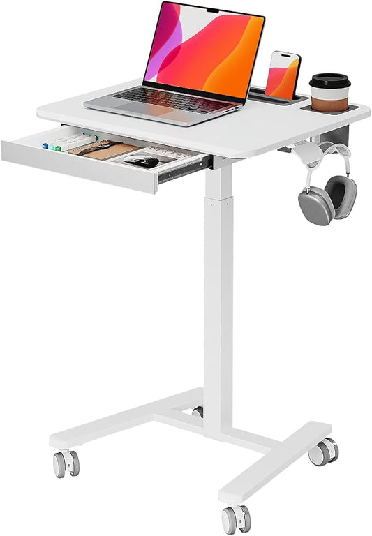 Small Mobile Standing Desk with Drawer, 23.6"x19.7" Rolling Laptop Cart on Wheels, Height Adjustable Sit Stand Computer Workstation with Storage for Compact Space, White