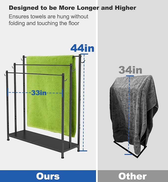Extra Large Free Standing Towel Rack with Metal Storage Shelf & 6 Hooks for Bathroom, 3 Tiers Heavy Duty Blanket Drying Stand Holder for Outdoor Pool, Bedroom, Living Room, Black
