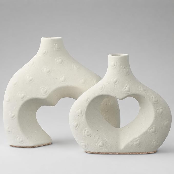 Ceramic Heart Flower Vase Home Decor Set of 2, Farmhouse Table Vases Rustic Vintage Living Room Kitchen Bedroom Decorations for House Book Shelf Office Coffee Desk Dining Fireplace