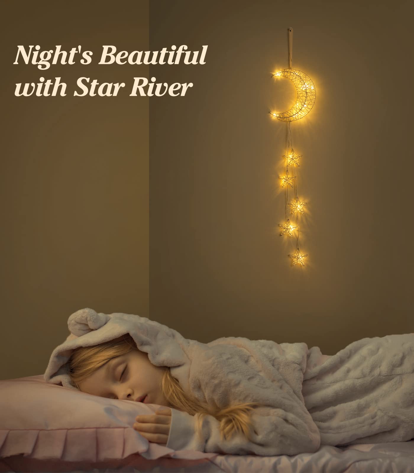 Lewondr Hanging Light,Rattan Moon Star Fairy Lights Indoor Decorative Lights Window Light Easy Operated Star Lights for Children's Room Bedroom Party Ramadan Decoration with Timer Fuction,White
