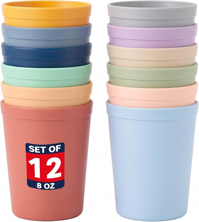 MASTERCOOK 12 Pcs. Small Reusable Cups –8 oz Unbreakable Drinking Glasses -Toddler Cups for Water, Juice, Milk–BPA Free Stackable Tumblers Plastic Cup set for Kitchen, Picnics, Parties- Kid-Friendly