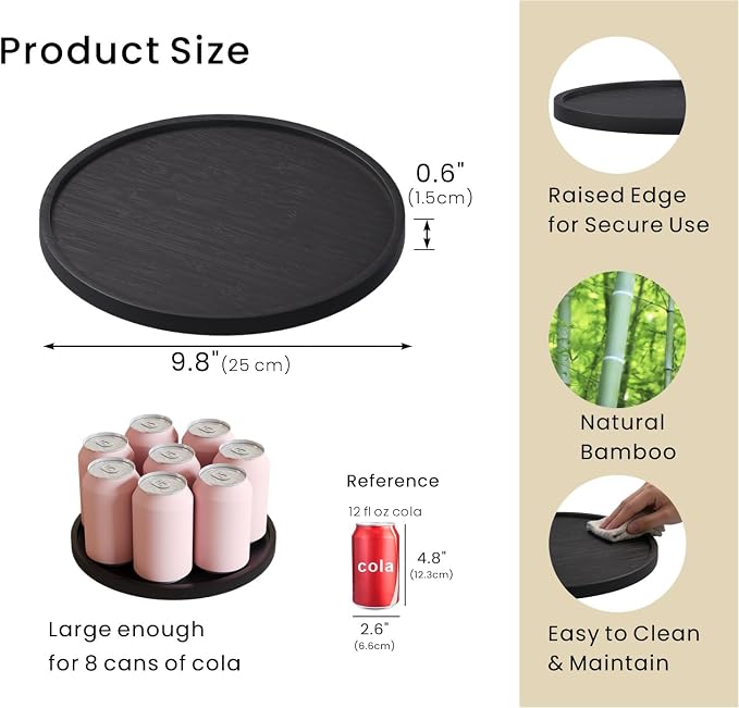 VERTORGAN Bamboo Serving Tray,9.8 Inch Decorative Trays Platter for Coffee Table,Living Room,Bar,Party,Mini Charcuterie Boards Cheese Board,Home Decor（Black）