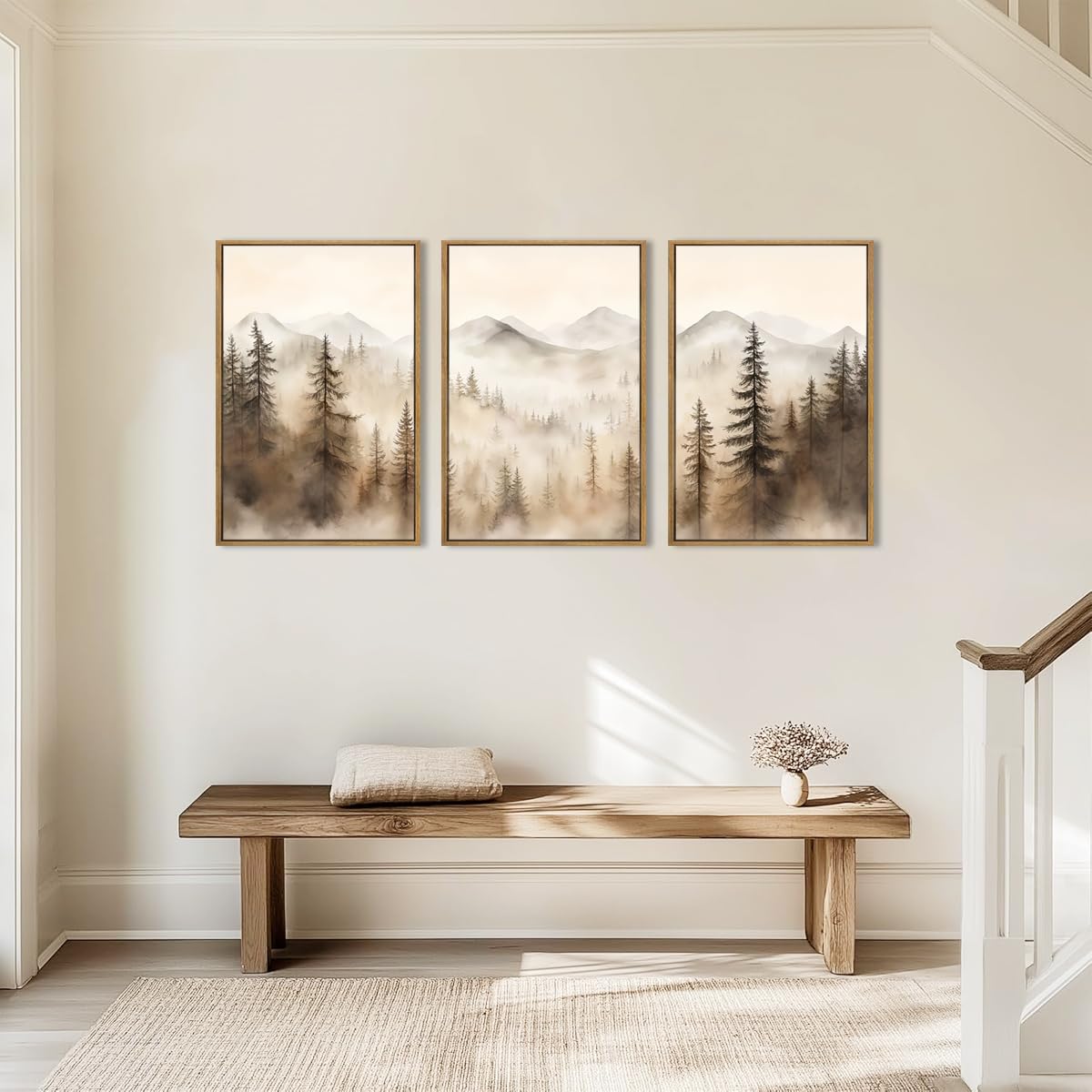 IARTTOP Large Mountain Forest Framed Canvas Wall Art 16x24 Inch Set of 3 Abstract Misty Woodland Painting Modern Farmhouse Art Prints for Living room Dining room
