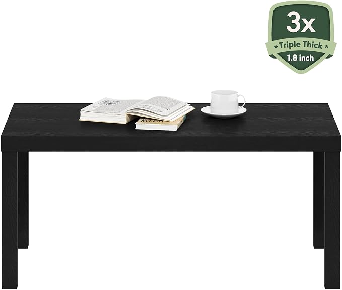 Furinno CLASSIC Coffee Table, Modern Rectangle Coffee Table with 1.8" Triple Thick Tabletop, Side Table, Toolless Assembly, for Living Room, Home Office, Black
