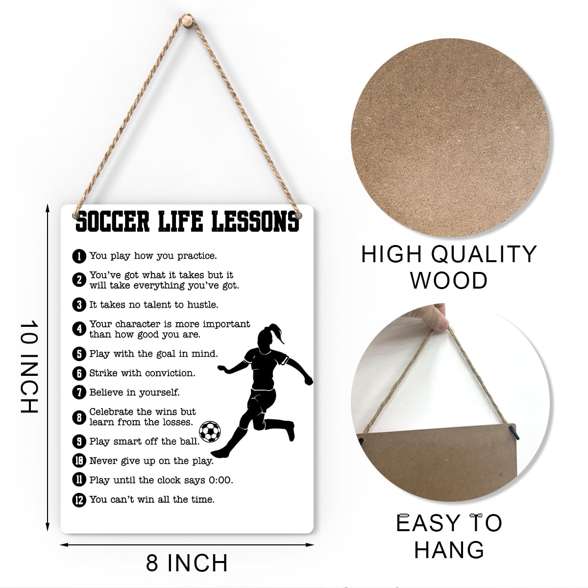 Soccer Life Lessons Wood Sign Inspirational Soccer Wall Art Decor Signs for Women Players Living Room Game Room Playroom Bedroom Gym Decor 8x10 Inch