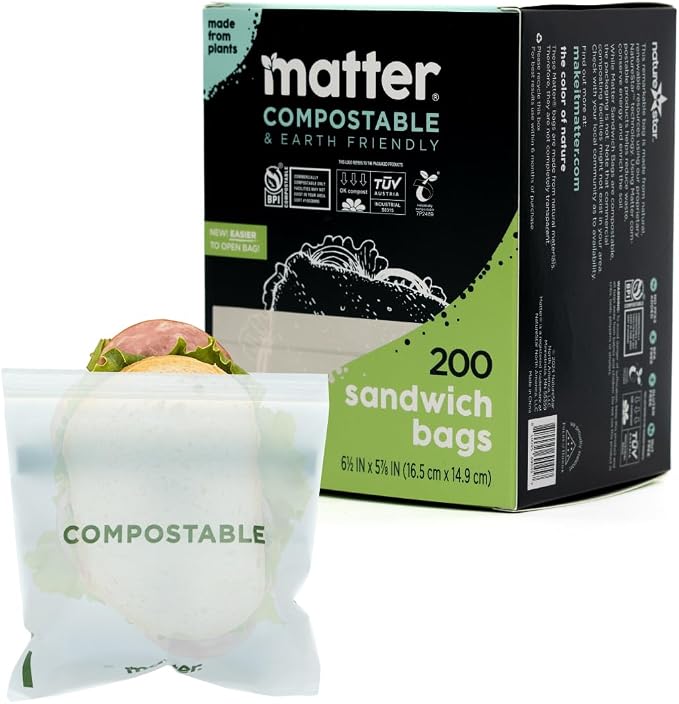 Matter Compostable Sandwich Bags for Food Storage, Eco-Friendly, Resealable, 200 Count