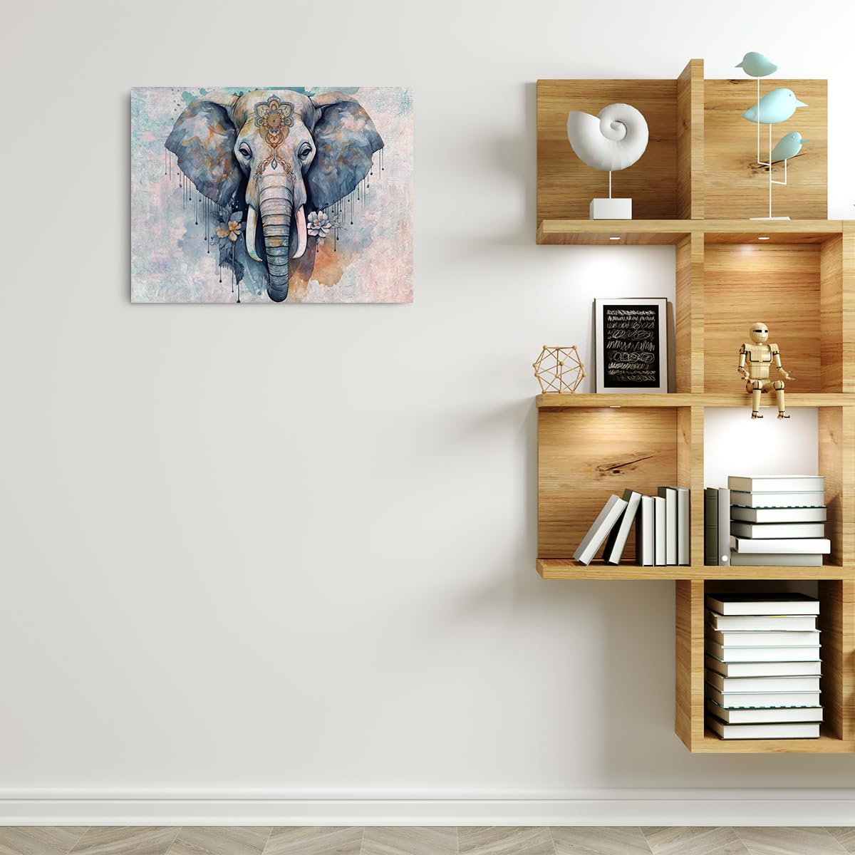 Retro Elephant Wall Art - Vintage Animal Themed Canvas Framed Poster - 15" x 11.4" for Home, Farmhouse, Bedroom, Kitchen, Living Room