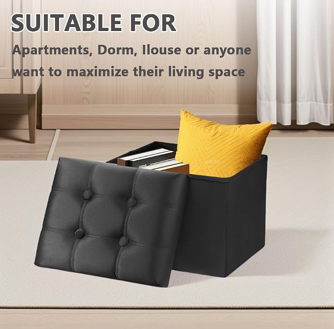 AmasSmile Storage Ottoman Foot Rest Stool, 17 inch Velvet Footstool Bench, Black Short Ottomans Stool, Small Folding Storage Ottoman Store Books, Record