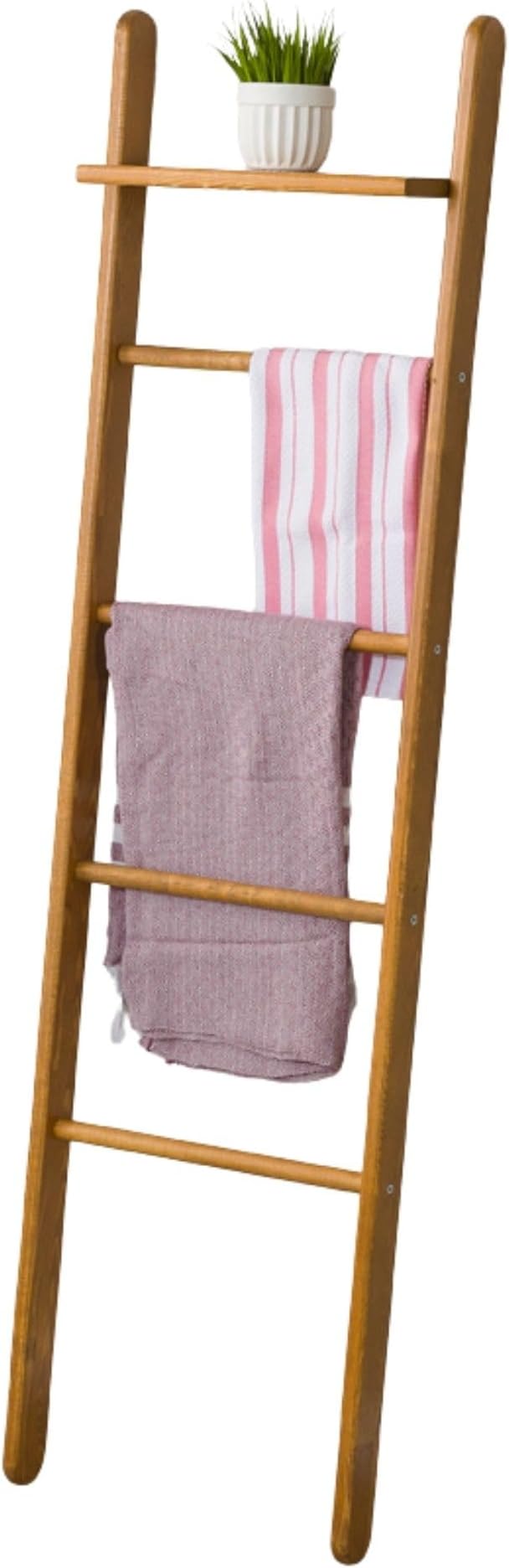 Solid Pine Wood Blanket Ladder for Living Room Bathroom Organizer Shelves, 7-Tier 5-Tier Freestanding Shelf, Freestanding Towel Rack Extra Storage, Wall-Leaning (Oak, Medium)