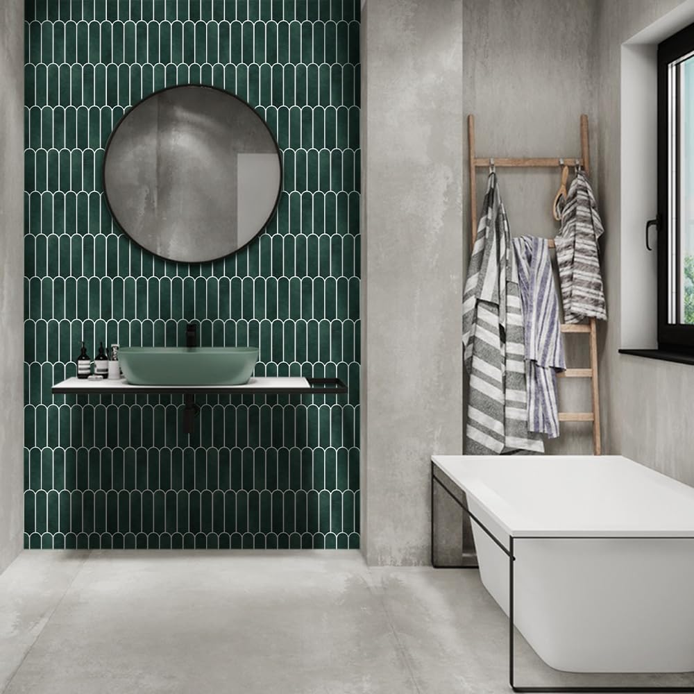 COMSTICKC Matte Dark Green Peel and Stick Tiles, 3D Wall Stickers, 10 Sheets, Ultra-Light Thin PVC Wall Panels 3D Fish Scale Stick on Tile Sticker Backsplash Kitchen Bathroom, 12"X12"