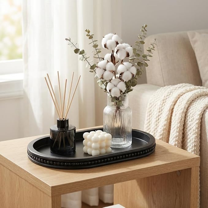 Hanobe Decorative Trays for Coffee Table : Black Oval Centerpiece Tray Wood for Farmhouse Entry Table Decor Round Bathroom Tray for Living Room Kitchen Counter