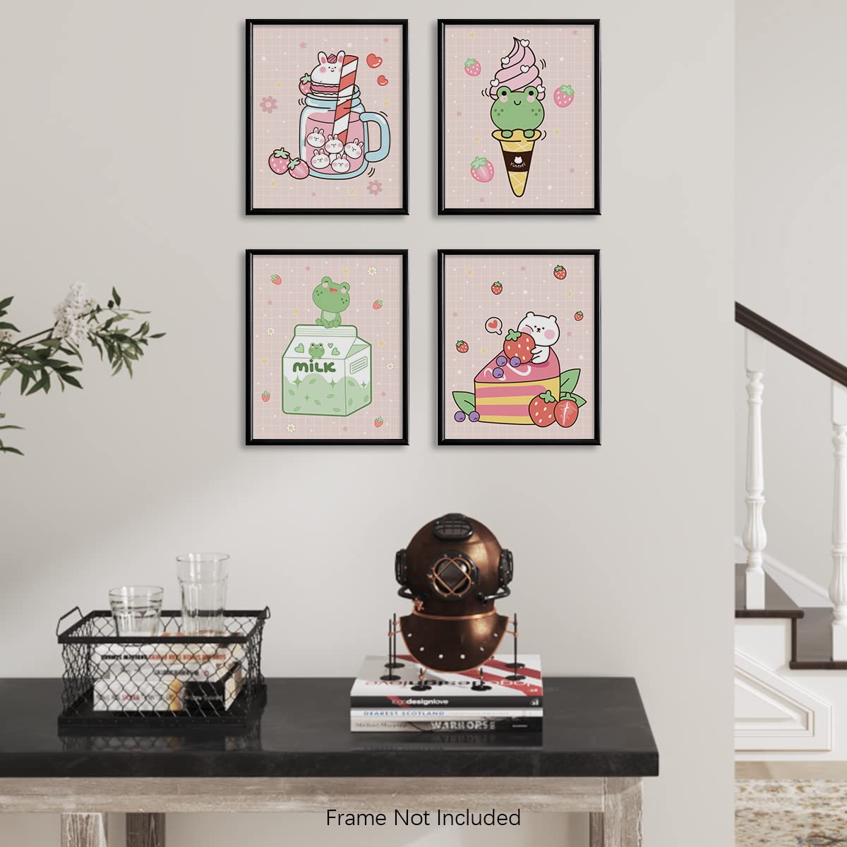 Kawaii Japanese Anime Wall Decor for Dining Room - Pink Cute Kitchen Room Decor - Aesthetic Rabbit Frog Strawberry Poster Print for Teen Girl Bedroom Wall Art - Kids Nursery Gifts - Apartment Pictures