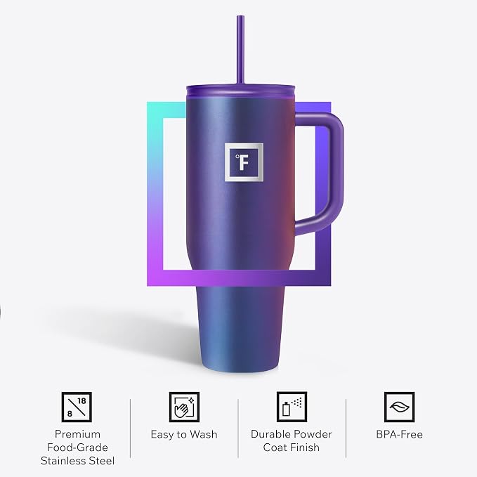 IRON °FLASK Co-Pilot Insulated Mug w/Straw & Flip Cap Lids - Cup Holder Bottle for Hot, Cold Drink - Leak-Proof - Water, Coffee Portable Travel Mug - Dark Night, 40 Oz