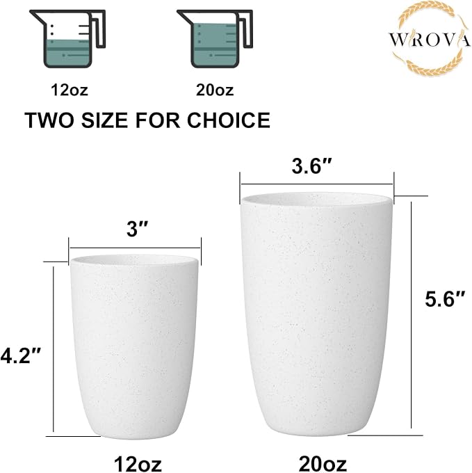 Wrova Wheat Straw Cups Set of 6 Good Alternative to Plastic Cups Reusable 12 oz Unbreakable Drinking Cup Reusable Dishwasher Safe Water Plastic Kitchen Glasses - White