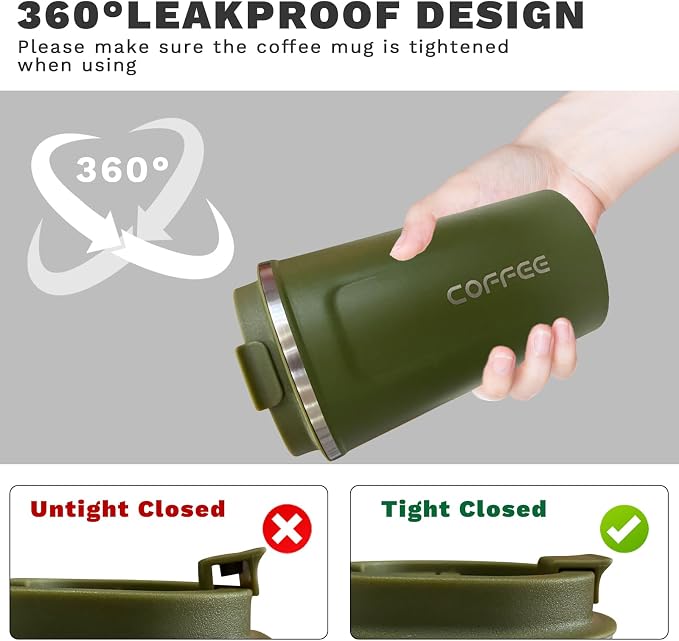 YINBAOGE Insulated Travel Coffee Mug, Spill & Leak Proof, Portable To Go Camping Stainless Steel Coffee Tumbler, Reusable Thermal Coffee Cup with Lid for Hot & Cold Drinks (2nd-Green, 12 OZ)