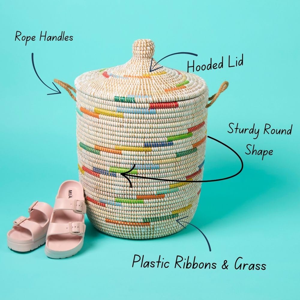 Small Wicker Basket with Lid, Colorful Pattern on White, 12 Inch Wide, 14 Inch Tall