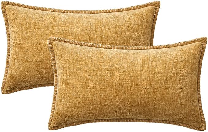 MIULEE Pack of 2 Lumbar Throw Pillow Covers 12x20 Inch Gold Mustard Yellow Farmhouse Decorative Pillow Covers with Stitched Edge Soft Chenille Solid Dyed Pillow Covers for Couch Sofa Bed Living Room