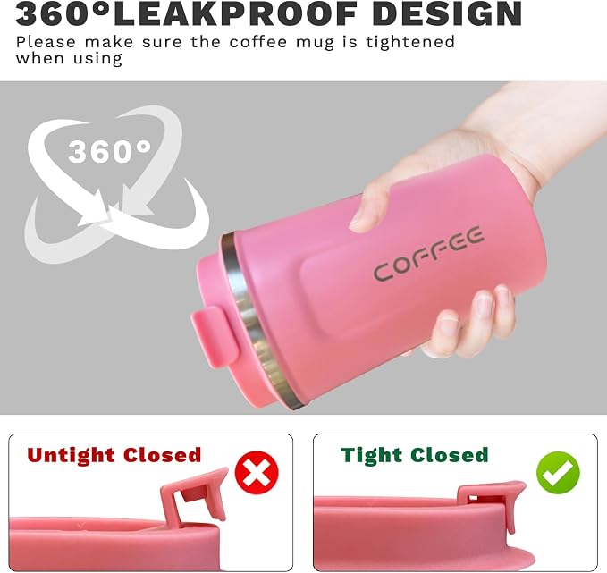 YINBAOGE Insulated Travel Coffee Mug, Spill & Leak Proof, Portable To Go Camping Stainless Steel Coffee Tumbler, Reusable Thermal Coffee Cup with Lid for Hot & Cold Drinks (2nd-Pink, 12 OZ)