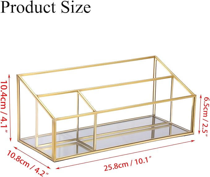 Hipiwe Makeup Organizer Countertop Cosmetic Display Case Gold Glass Vanity Storage Holder 3 Slots Dresser Bathroom Counter Organizer for Makeup Brush Lipsticks Perfume Skincare Products
