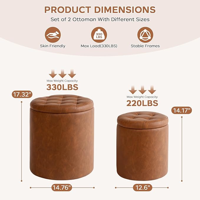 Round Ottoman with Storage Set of 2, 12.6"W x 14.17"H & 14.76"W x 17.32"H Faux Leather Button Tufted Storage Ottoman, Boucle Vanity Stool Footrest Coffee Table for Living Room, Bedroom, Brown