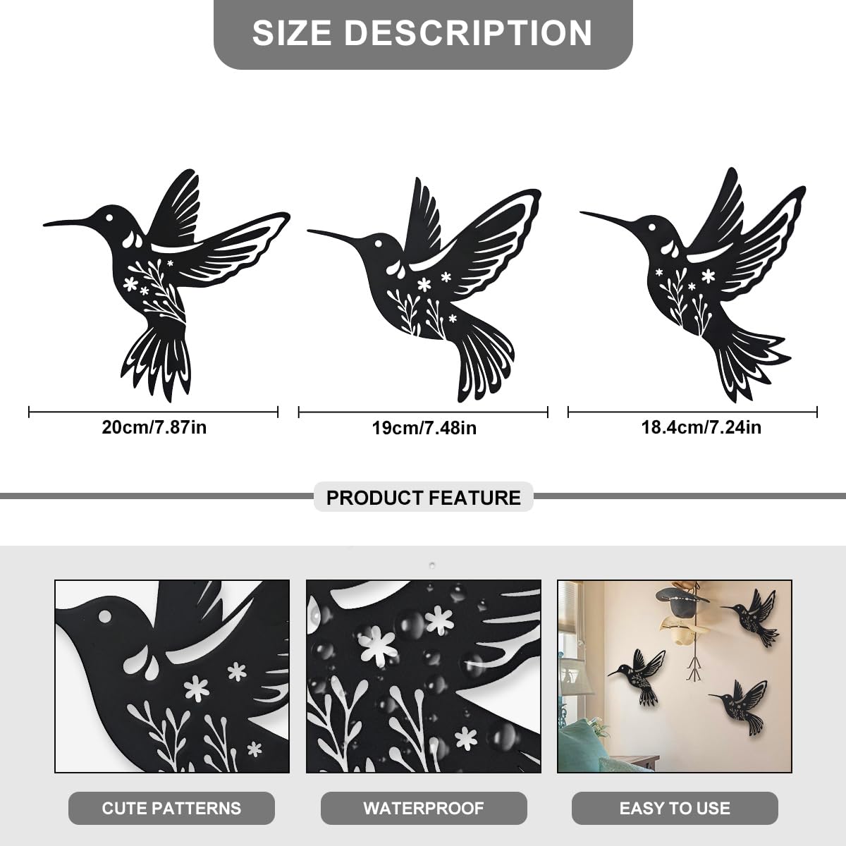 Daogtc Metal Hummingbird Wall Art Decor,Flower and Bird Natural Art Theme Decoration for Home Kitchen Patio Bedroom Living Room Bathroom(3 Pack)