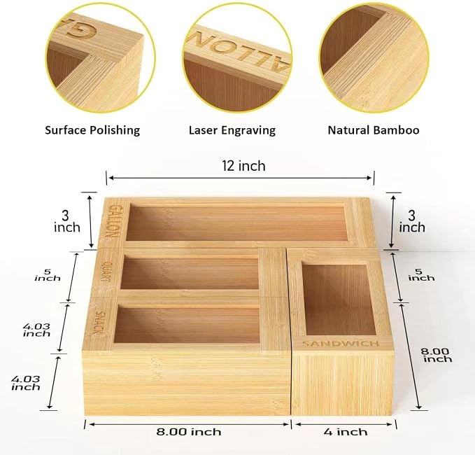 4-Size Bamboo Drawer Organizer for Food Storage Bags | Stackable Kitchen Organizer (Gallon/Quart/Sandwich/Snack) - Handcrafted with Natural Material