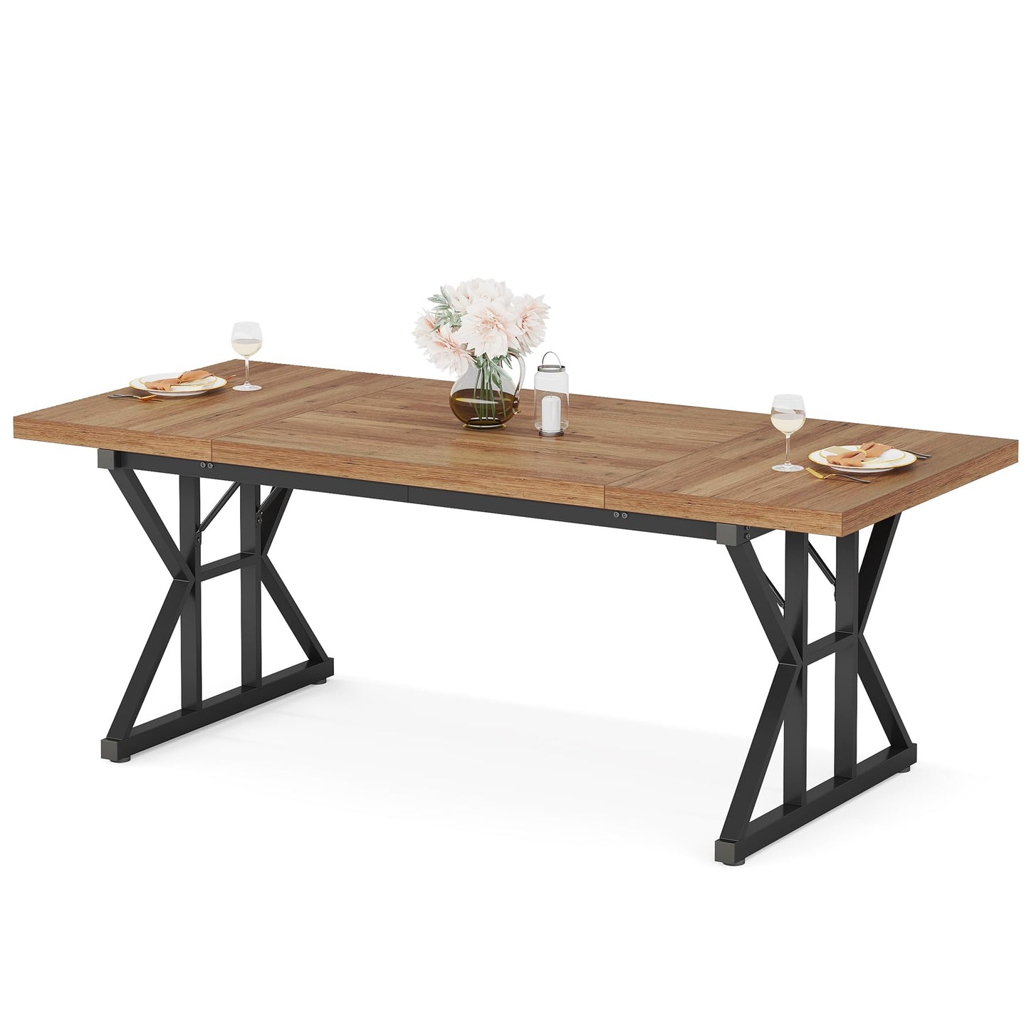 Tribesigns Farmhouse Dining Table for 6 People, 70.8-Inch Rectangular Wood Dining Table, Rustic Kitchen Table with Heavy Duty Metal Legs for Dining Room (Light Brown, 70.8 Inch)