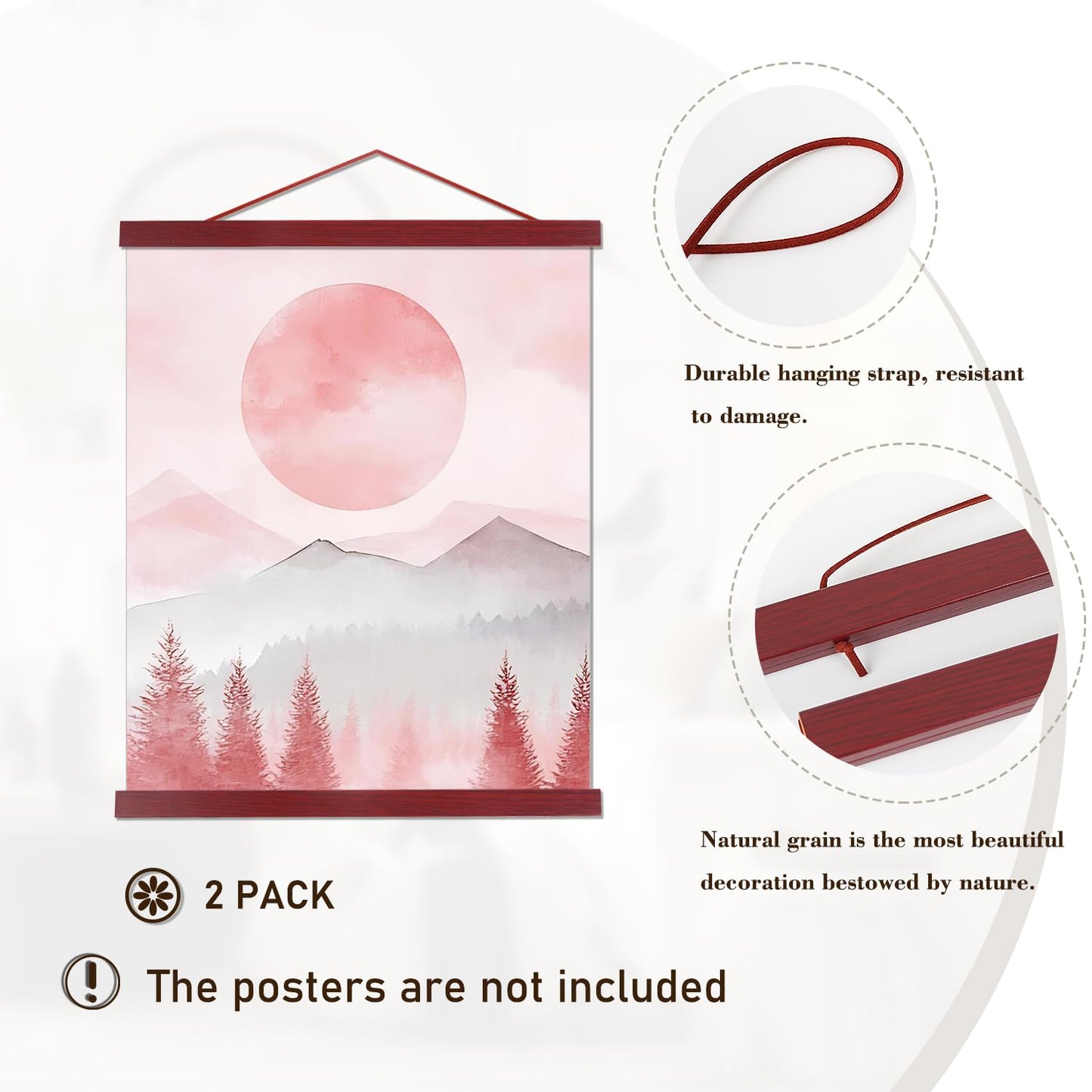 Artmag 2 Pack Magnetic Poster Hanger Frame, 8x10 8x12 8x24 Light Wood Wooden Magnet Canvas Artwork Print Dowel Poster Hangers Frames Hanging Kit (Mahogany, 8",2 Packs)
