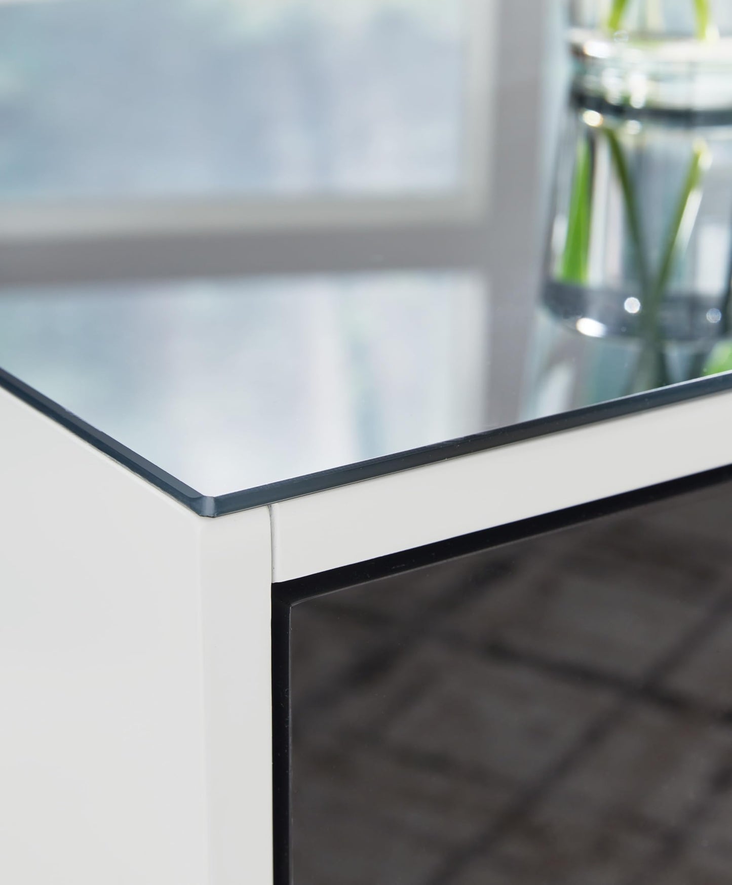 Signature Design by Ashley Gardoni Modern Glass-Tabletop End Table with 1 Drawer, Open Shelf, and High Gloss Finish, White & Black