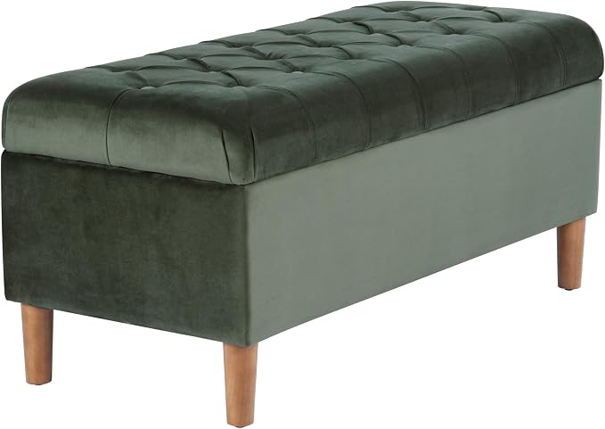 Homepop Home Decor | Tufted Ainsley Button Storage Ottoman Bench with Hinged Lid | Ottoman Bench with Storage for Living Room & Bedroom,Loden Green Velvet