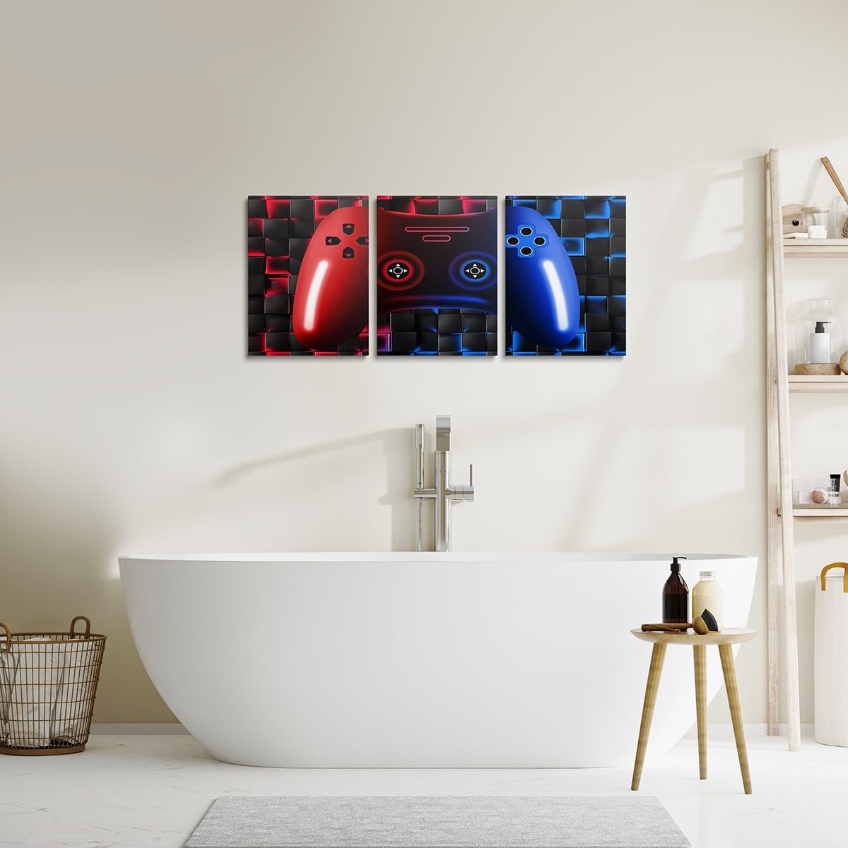 Erosebridal Gaming 3 Piece Wall Decor For Boys Bedroom 3D Gamer Geometric Wall Art 12"X16" Video Game Pictures Poster Prints Gamepad Neon Red Blue Black Wall Decor Artwork For Office Playroom