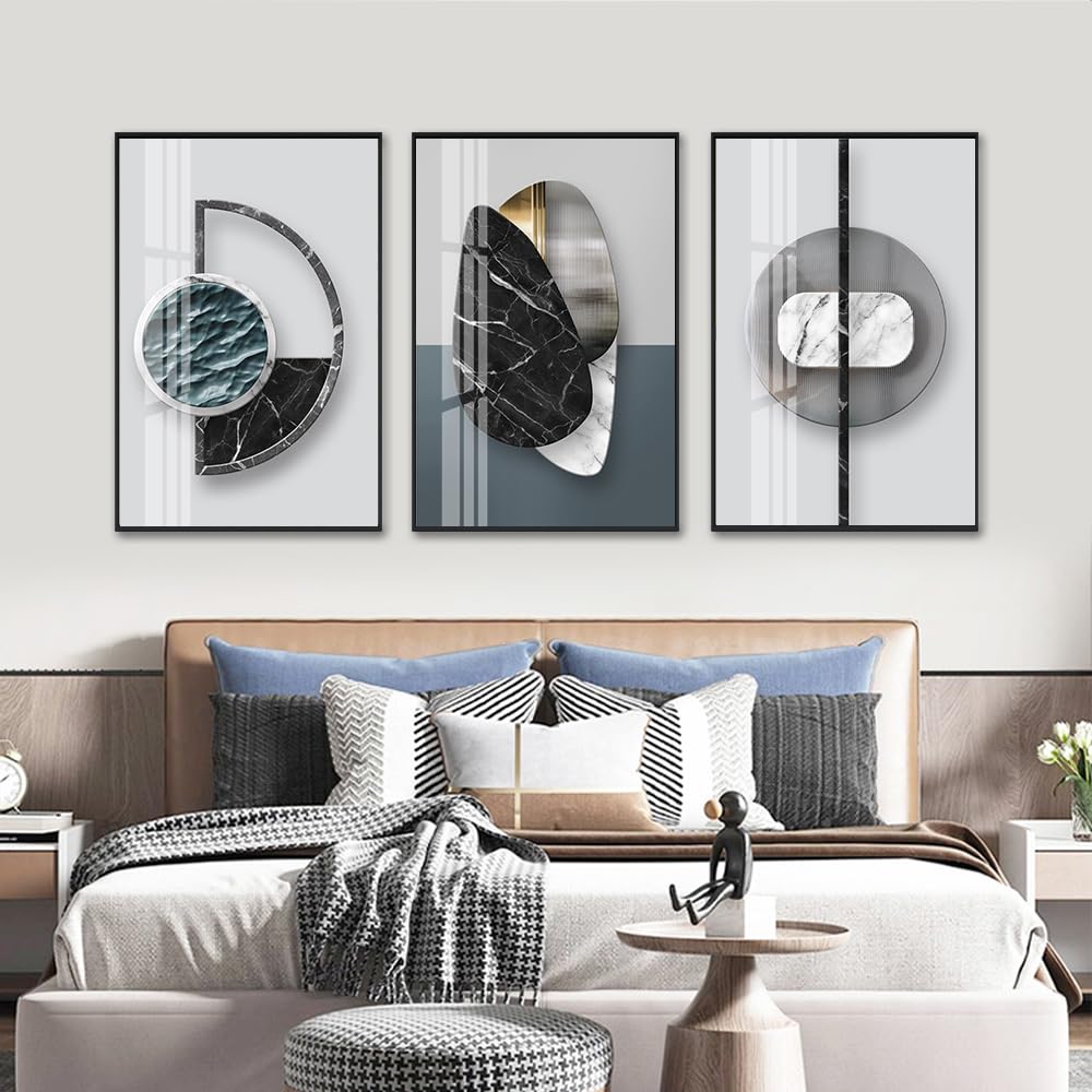QKF 3 Pieces Modern Funky Wall Art For Living Room Geometry For Home Decoration Pictures Dark On Abstract Canvas Print Paintings Bedroom Bathroom Office Posters & Prints (Medium Size 16x24inch)
