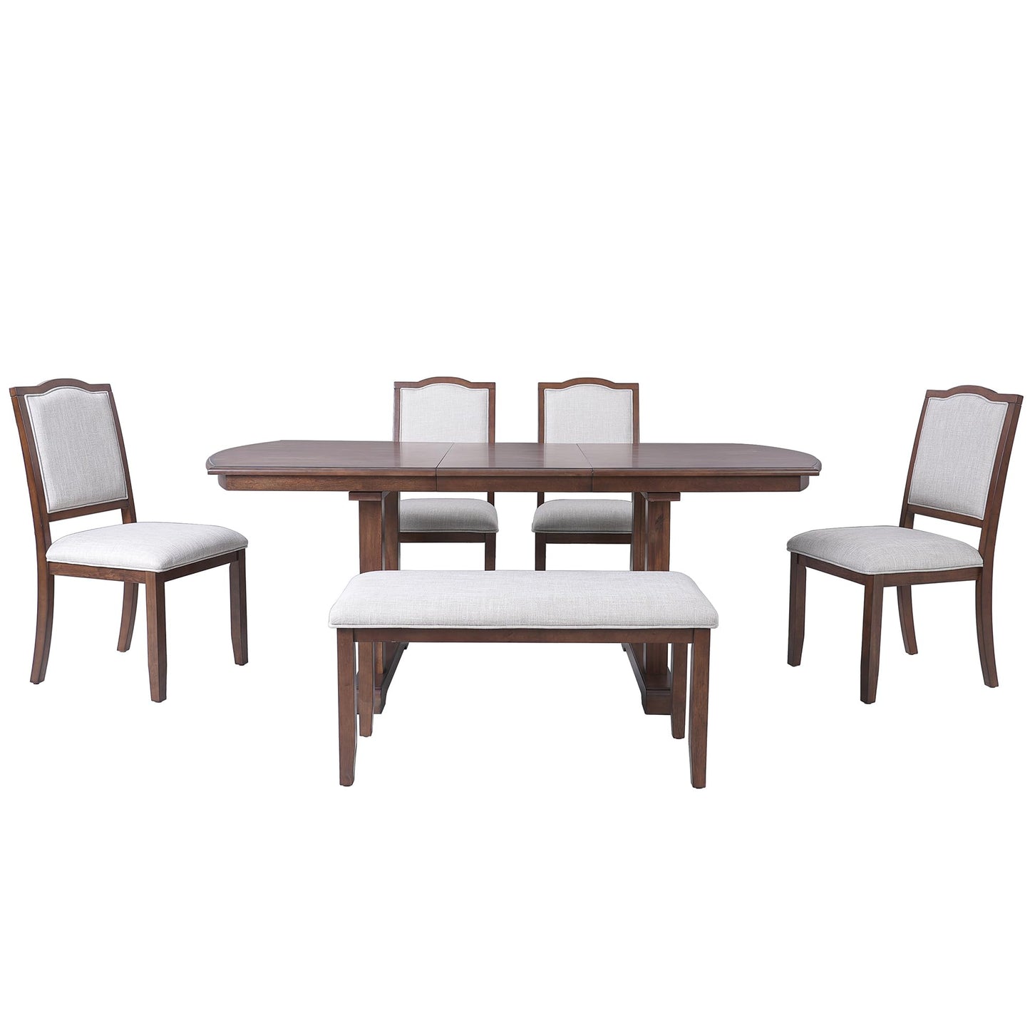 Merax 6-Piece Extendable Wood Dining Table Set, 60 inch to 78 inch with Removable Leaf, Kitchen Set for 6 with 4 Upholstered Side Chair and Bench, Cherry