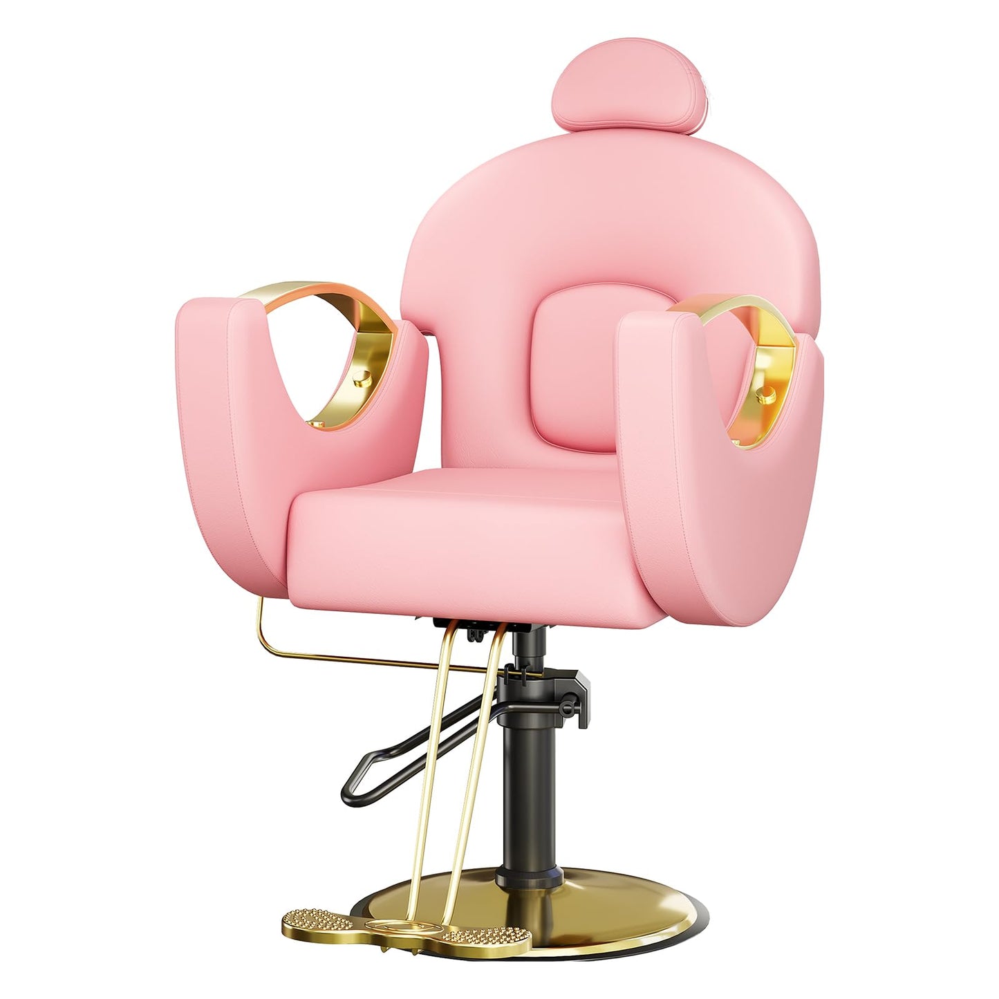 Professional Reclining Salon Barber Chair with Heavy-Duty Pump, Height-Adjustable & 360° Swivel Styling Chair, 330 LBS Capacity, Comfortable High-Density Cushion for Spas, Tattoo Studios, Pink & Gold