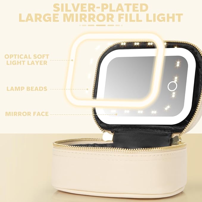Mini Makeup Bag with Led Mirror,Small Travel Make up Bag 3 Light Modes Adjustable Brightness, for Women Organizer Cosmetic Bag, Portable Travel Train Toiletry Bag, for Pool Parties Work Touch-Ups
