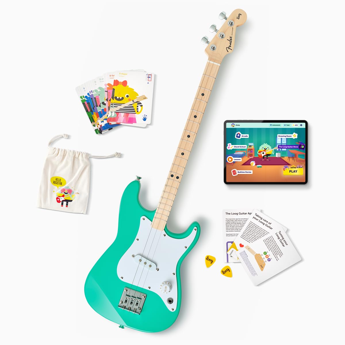 Fender x Loog 3-String Stratocaster Electric kids Guitar 3 string beginner kit (Seafoam Green)