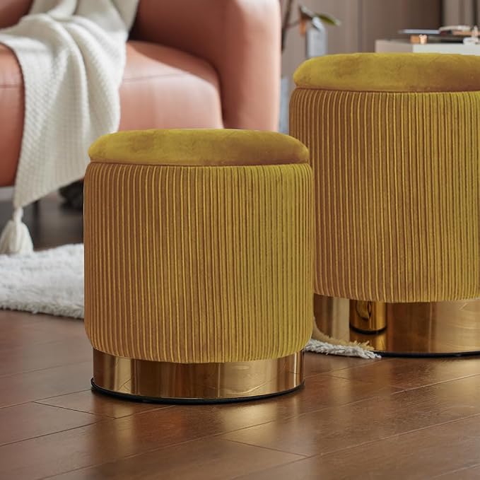 Round Ottoman with Storage Set of 2 Upholstered Velvet Vanity Stool, Small Ottoman Coffee Table, Removable Lid, for Living Room, Bedroom, Hallway, Assembly Free (Yellow with Bottom Gold)