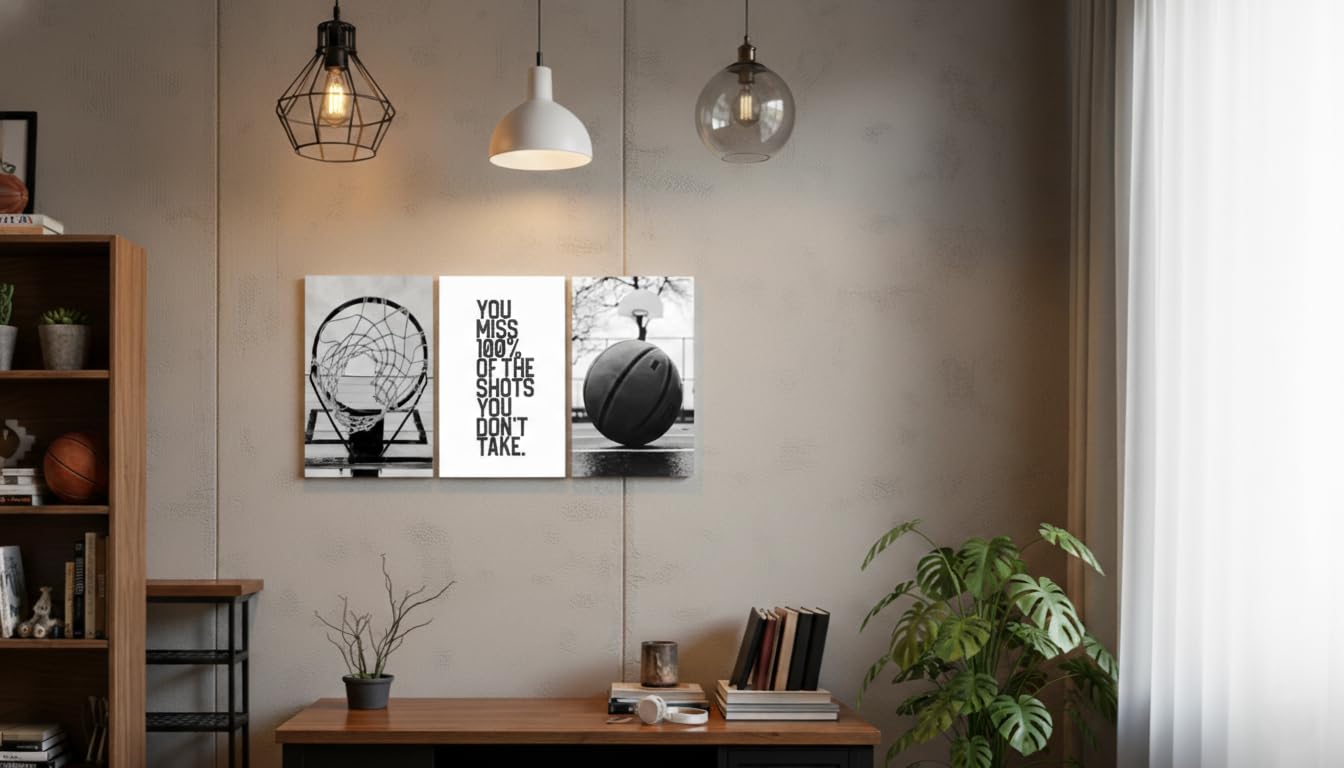Basketball Wall Art Inspirational Sport Theme Canvas Poster Prints Motivational Sports Pictures Paintings Black and White Basketball Hoop and Ball for Bedroom Gym Office Wall Decor Unframed