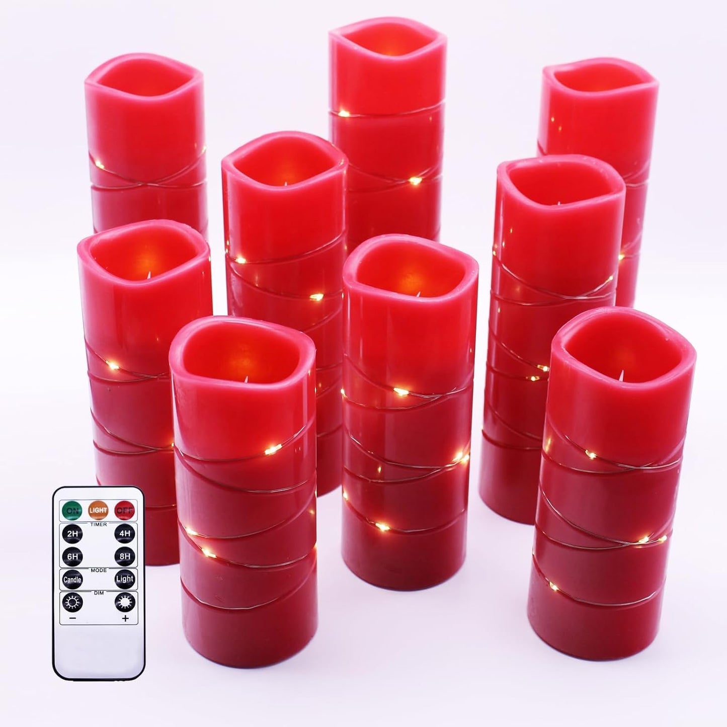 Pierty Red Real Wax Flameless Candles, 9-Piece Set with 2 Remote Controls, Featuring Realistic LED Lighting Effects. Ideal for Home Decor and Holiday use. Battery-Powered.